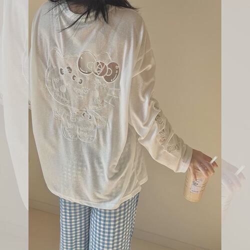 韩系甜妹风白色Kitty刺绣长袖防晒T恤女2026新款独特漂亮初夏上衣
