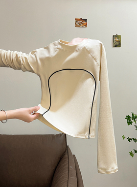 美式杏色线条设计感长袖T恤2025新款女巨好看独特漂亮穿搭上衣女