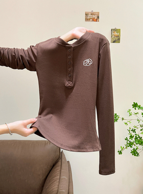 咖色半开领修身长袖T恤内搭可外穿打底衫2025新款女早秋chic上衣