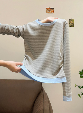 美式复古撞色假两件长袖T恤女2025新款早秋季韩系氛围感穿搭上衣