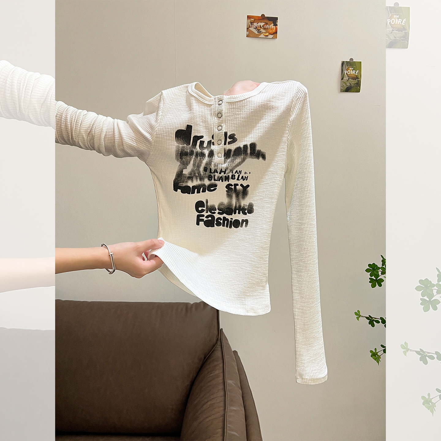 美式辣妹字母涂鸦白色长袖T恤