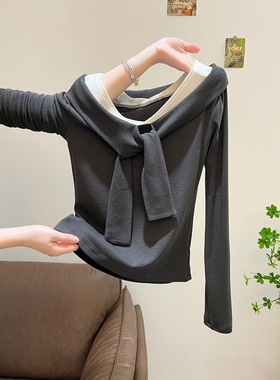 纯欲风一字领网纱拼接长袖T恤女2025秋日新款假两件修身显瘦上衣