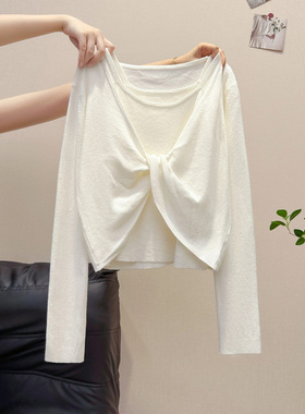 扶摇studio白色假两件交叉扭结针织衫上衣女2025新款秋季穿搭
