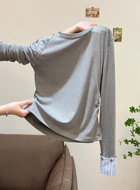 撞色正肩T恤女2025秋新款简约时尚设计感内搭休闲灰色针织衫上衣