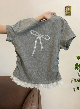 美式灰色蕾丝下摆蝴蝶结短袖T恤女夏季设计感正肩修身假两件上衣