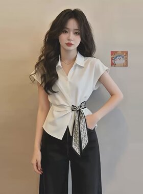 气质通勤白色扭结收腰丝巾绑带衬衫女2026夏季新款不规则别致上衣