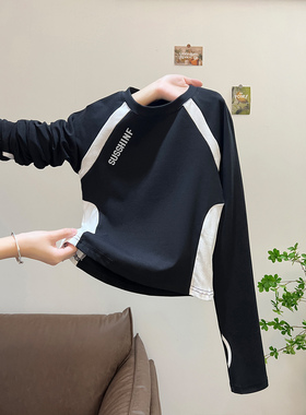 美式复古黑色正肩长袖T恤女2025春秋新款运动打底衫内搭修身上衣