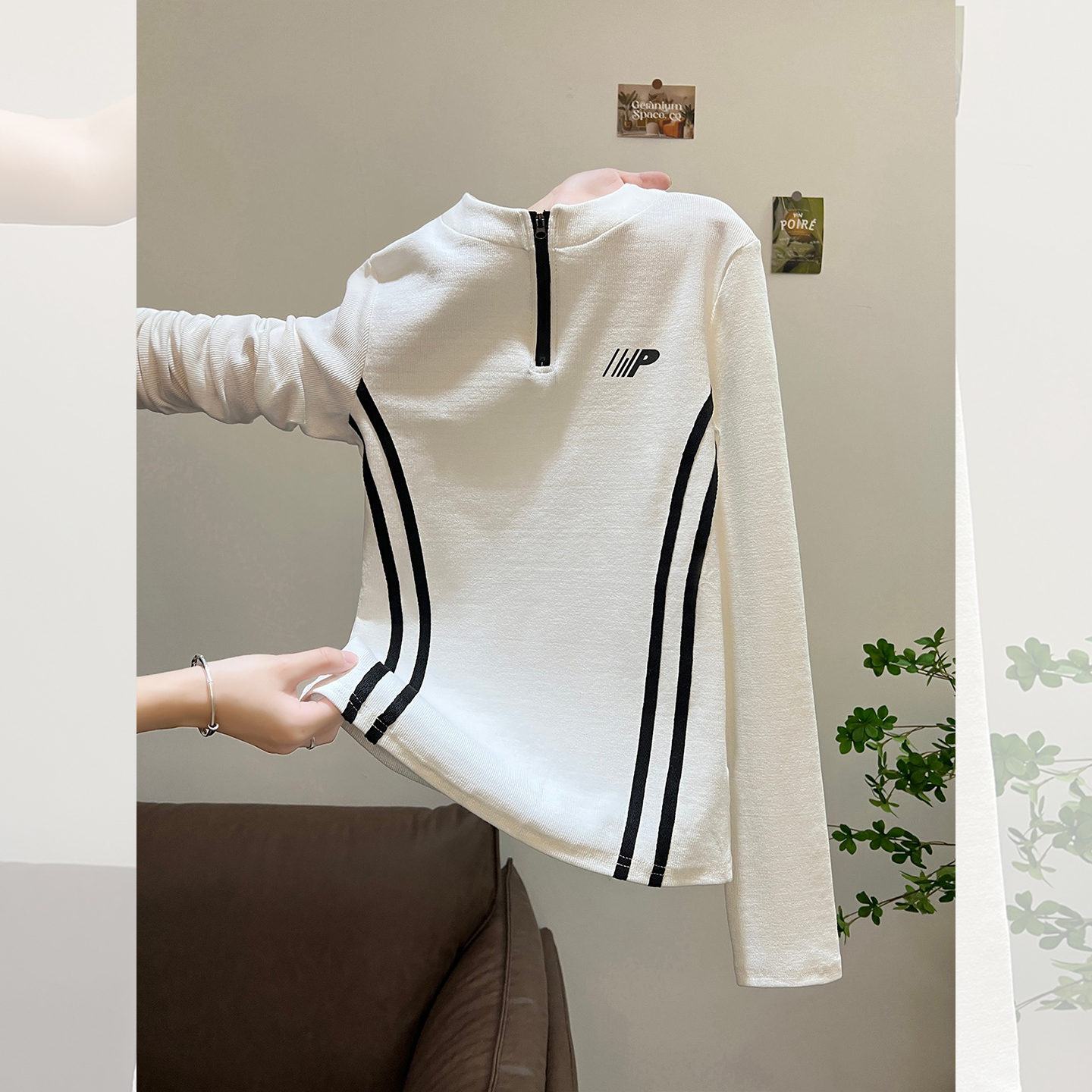 美式复古半高领立领长袖T恤