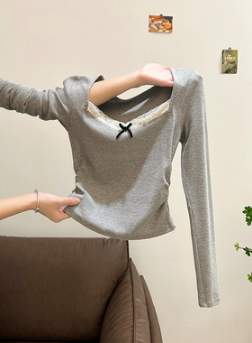 灰色大领口蕾丝拼接打底内搭修身长袖T恤女2025新款秋季穿搭上衣