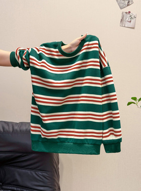 扶摇studio美式绿色条纹卫衣女2025正流行秋季穿搭慵懒chic上衣