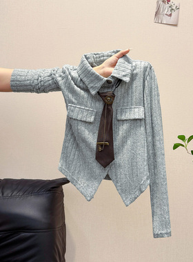 扶摇studio学院风灰色polo领针织衬衫女早秋穿搭设计感别致上衣