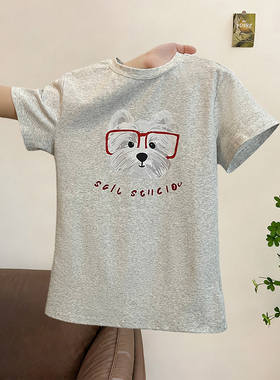 美式灰色小狗印花正肩短袖t恤女夏夏季修身短款体恤纯棉半袖上衣