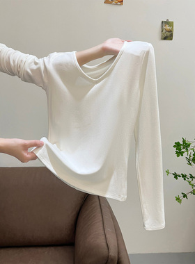 白色大领口百搭打底衫长袖T恤女2025新款独特漂亮早秋季穿搭上衣