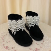 一池星河原创设计手工珍珠水钻雪地靴冬季 保暖平跟黑色欧洲站女靴