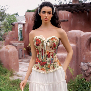 緊身胸衣洛麗塔女束腰慵懶茶歇corset 系帶碎花魚骨束身衣宮廷法式