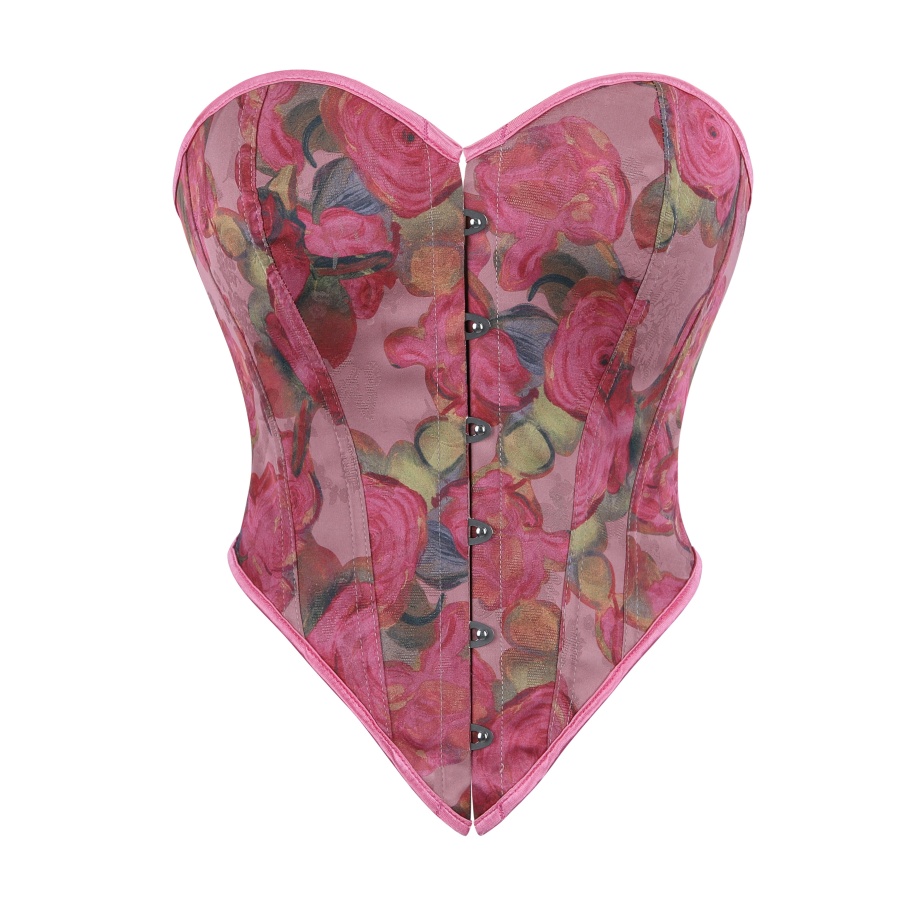 新中式玫瑰印花塑身衣前扣抹胸束腰上衣典雅宫廷束腰显瘦内衣马甲