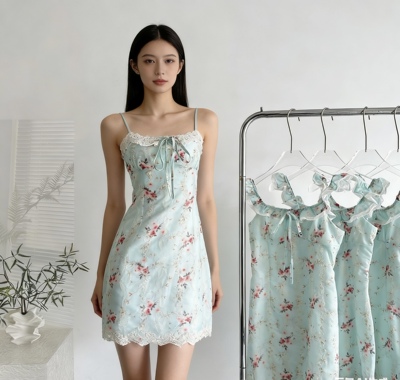 天鹅er 爱神花海夏季法式甜美碎花时尚连衣裙E26Q20146