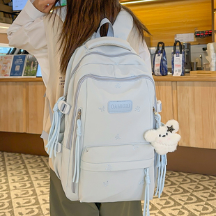 高颜值纯色大容量书包女生初中生高中休闲双肩包宽肩带小学生背包