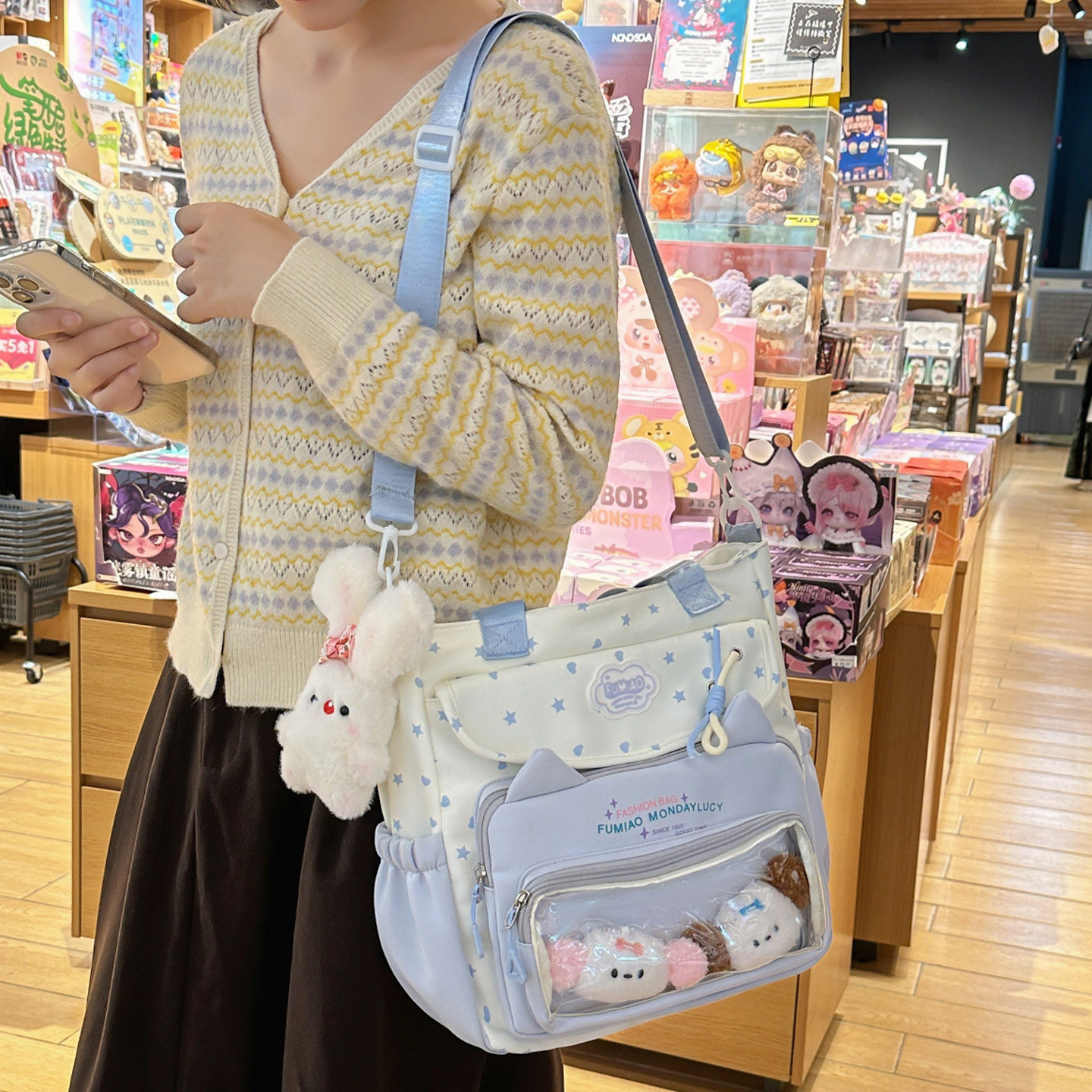 日系撞色可爱风多口袋单肩斜挎包女学生星星手提包托特包大容量潮