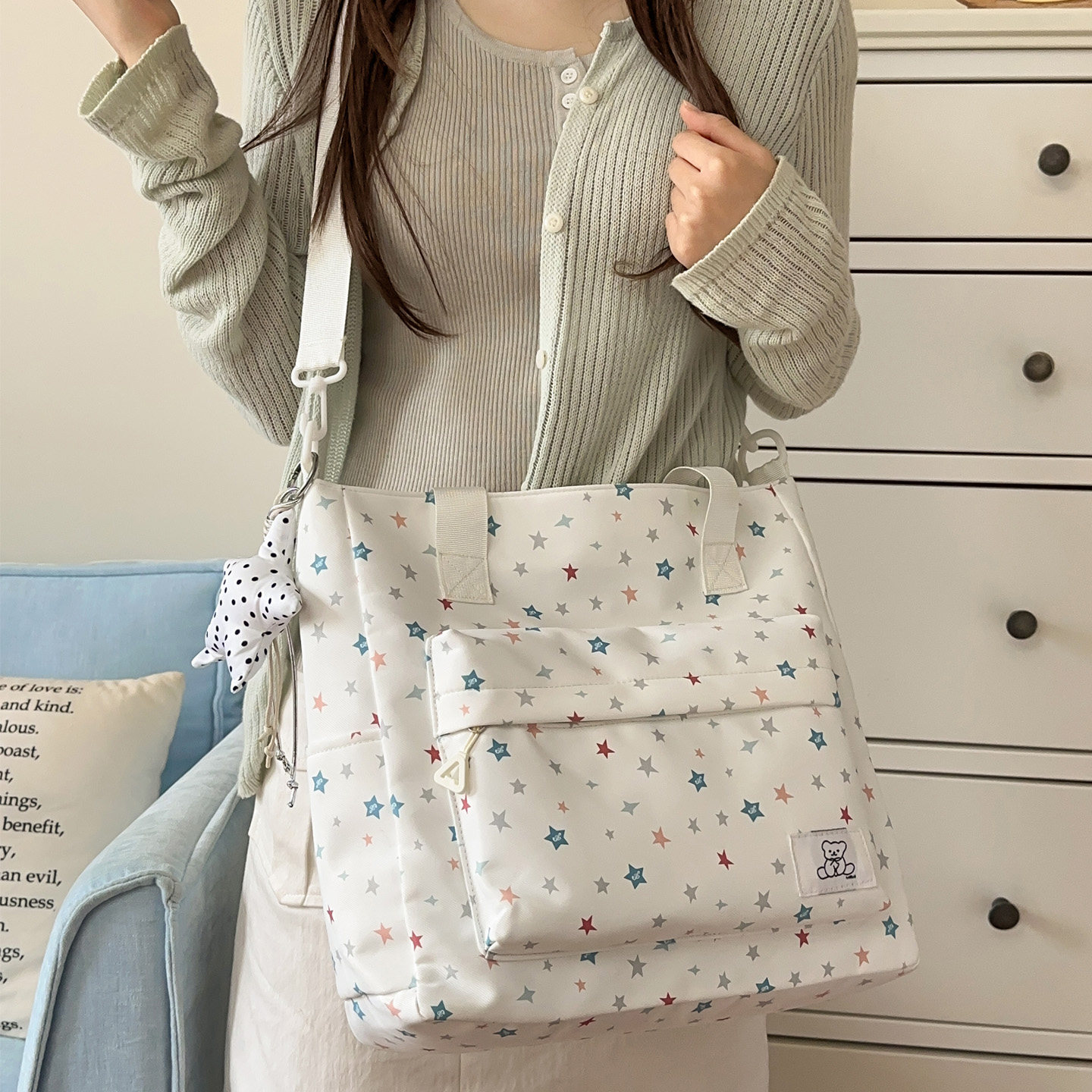 少女风星星印花托特包女学生大容量轻便斜挎手提包休闲女士单肩包
