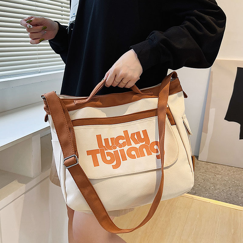 大容量帆布单肩包女学生复古休闲斜挎包百搭大容量上课补课手提包