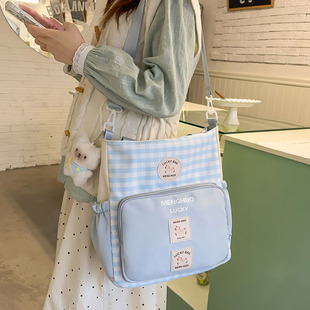 格子撞色女生休闲斜挎包高颜值ins风单肩包大容量学生上学手提包