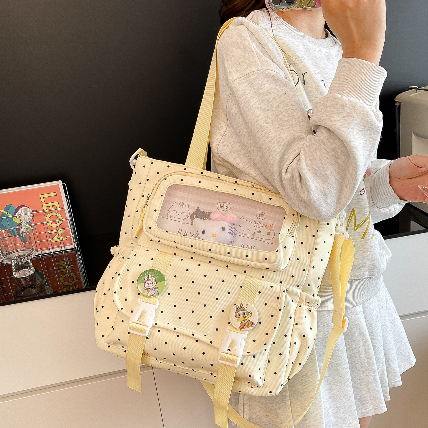 小清新波点撞色休闲斜挎包女生补课补习手提单肩包轻便百搭斜挎包