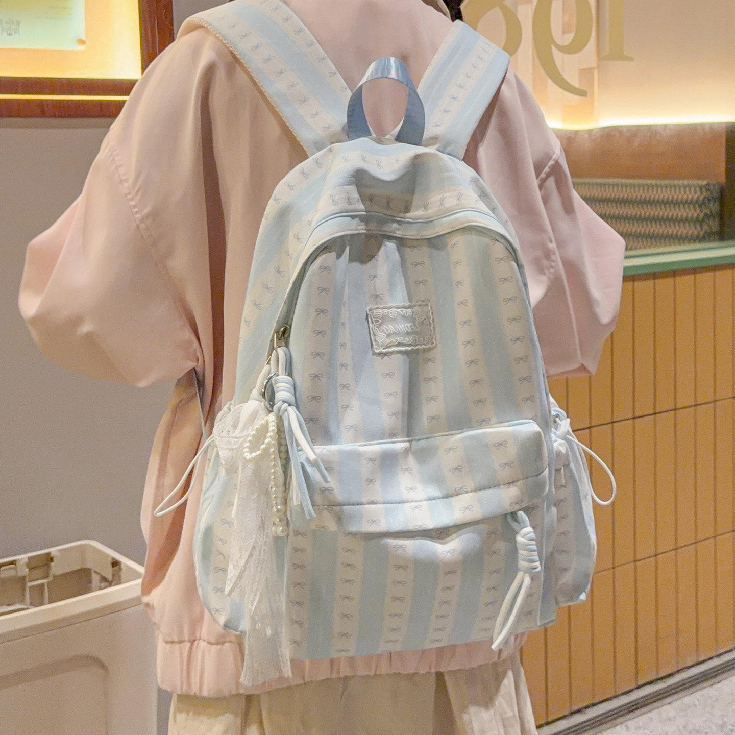 少女风条纹双肩包女初高中学生包日系小清新大容量百搭书包背包