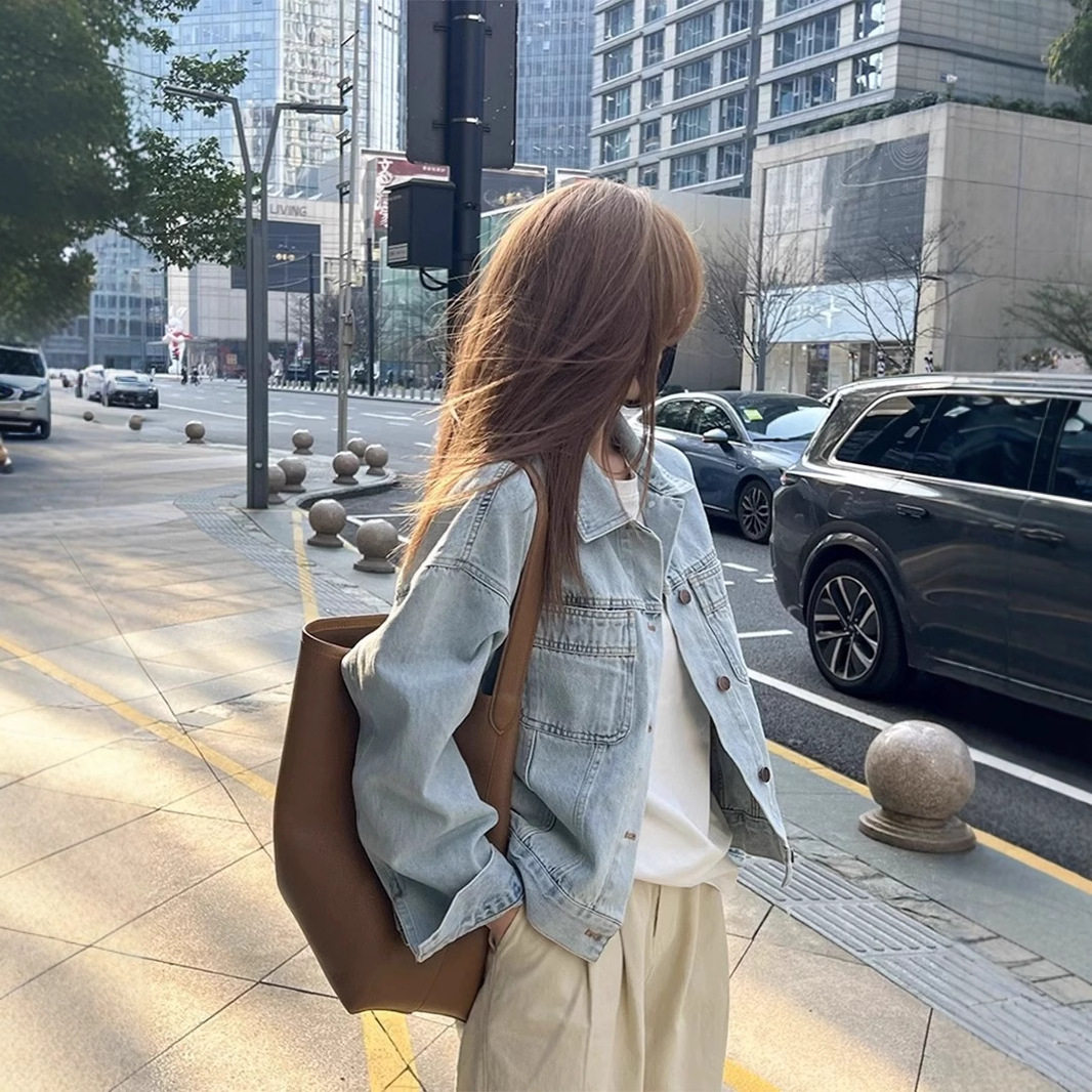 网红ins欧式水洗棉复古牛仔外套女春秋新款韩版宽松短款长袖衬衫