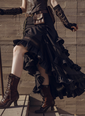 蒸汽大陆 蒸汽朋克steampunk黑色多层花边流苏抽带复古A型长半裙