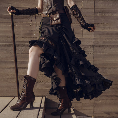 蒸汽朋克黑色多层花边A型长半裙