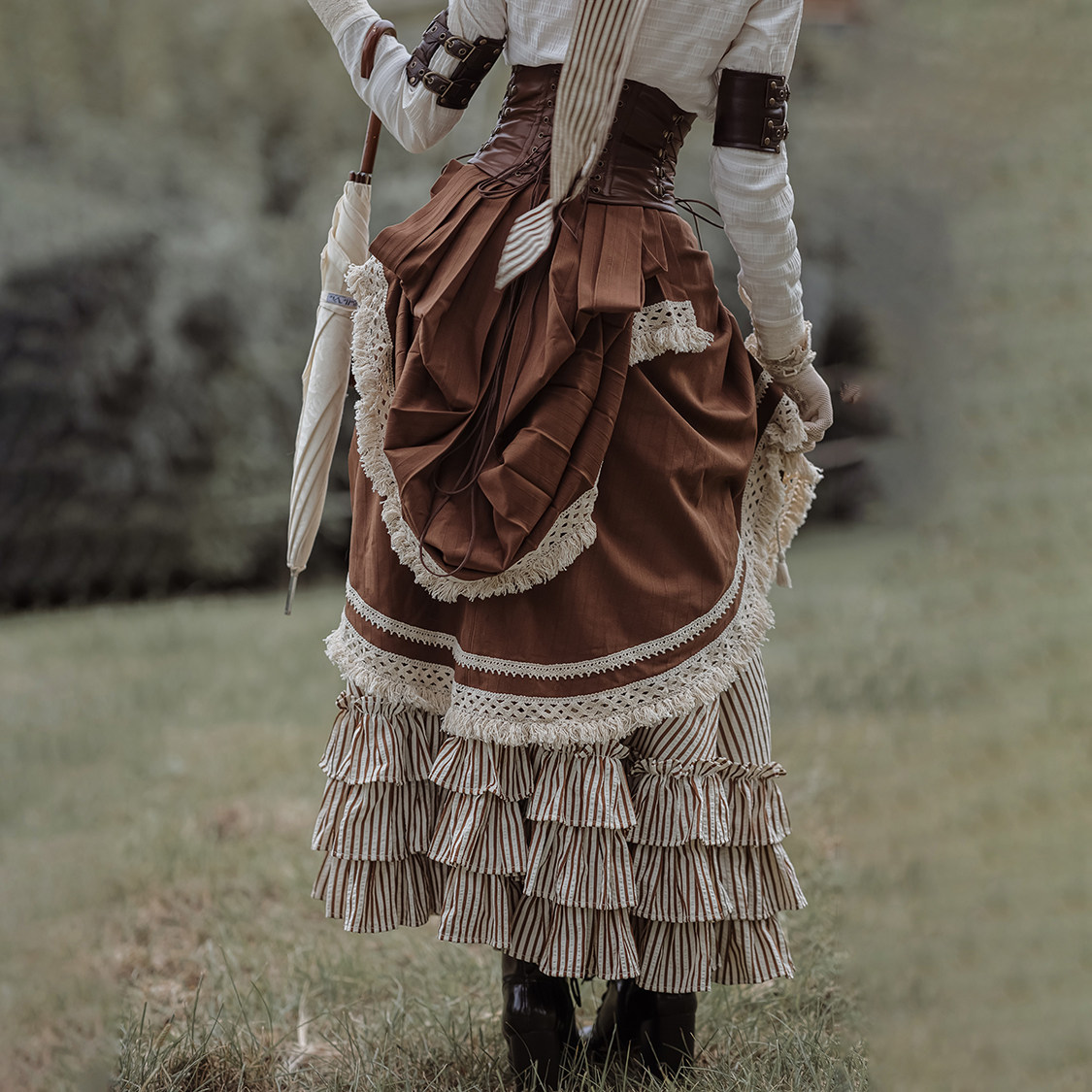 蒸汽大陆 蒸汽朋克维多利亚风格咖白条纹改良巴斯尔裙复古长半裙,女装/女士精品,半身裙,淘宝优惠券,粉丝福利购,淘宝优惠卷