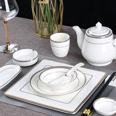 浮雕银边酒店碗碟套装餐桌摆盘四件套私人会所用位上摆台餐具陶瓷
