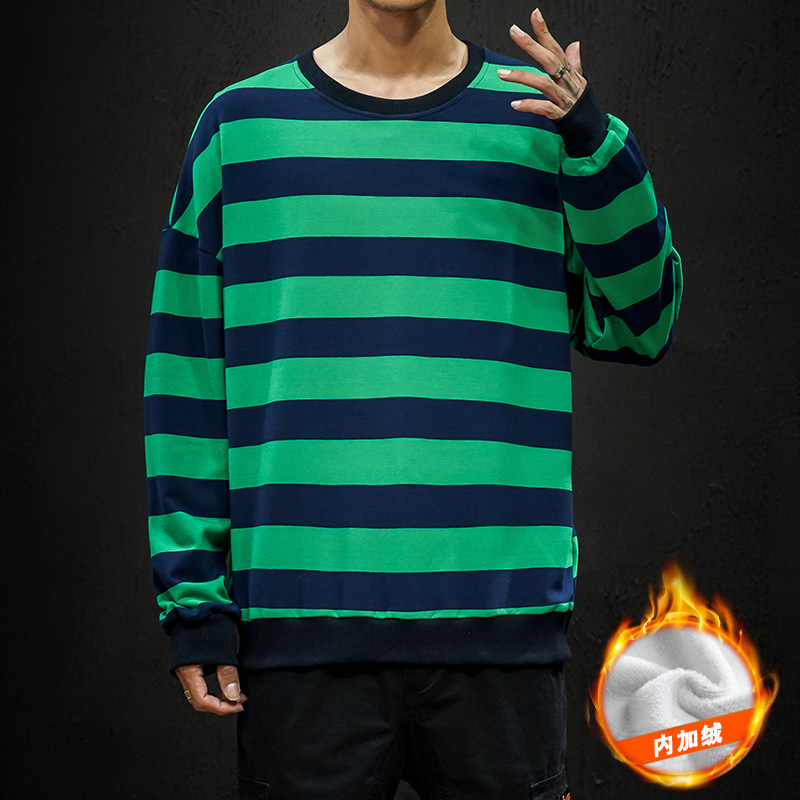 S6666加绒款-P50 加厚加绒卫衣男加肥加大码网红宽松条纹长袖外套图片
