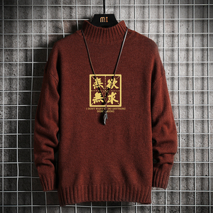 M18019加绒款-P65 秋冬季半高领毛衣男宽松加绒加厚针织衫图片
