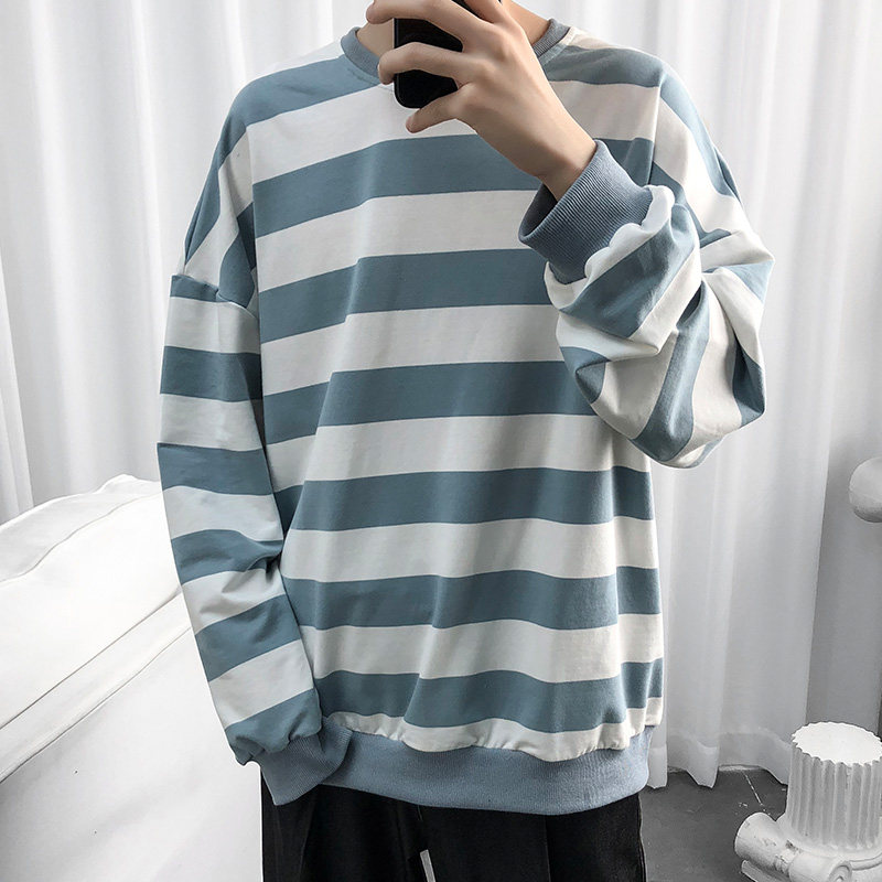 S6666-P40网红港风条纹圆领卫衣男加肥加大码宽松内搭长袖外套,男装卫衣,电商A040A
