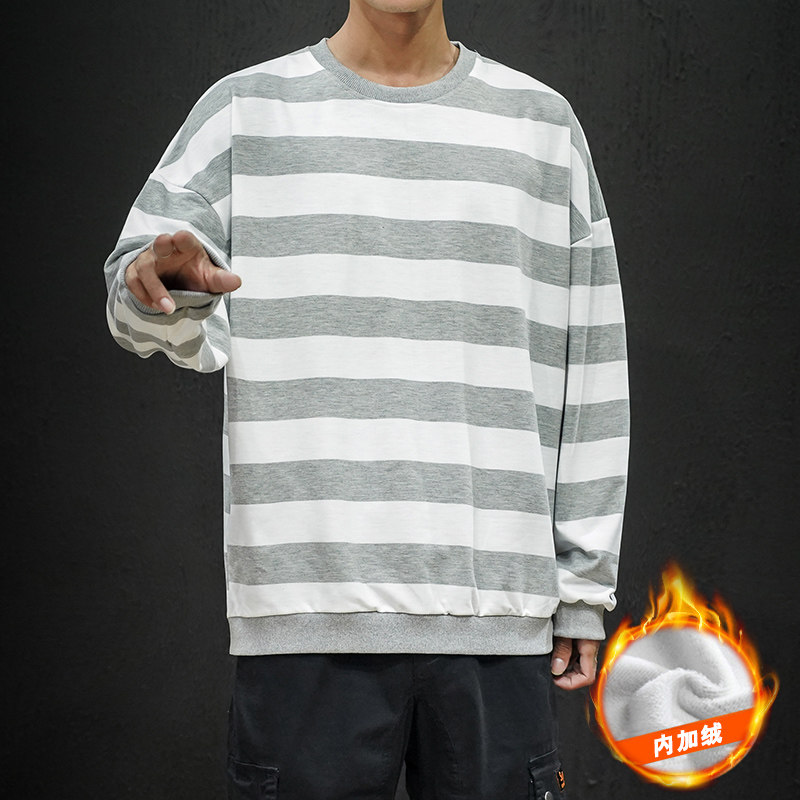 S6666加绒款-P50 加厚加绒卫衣男加肥加大码网红宽松条纹长袖外套图片