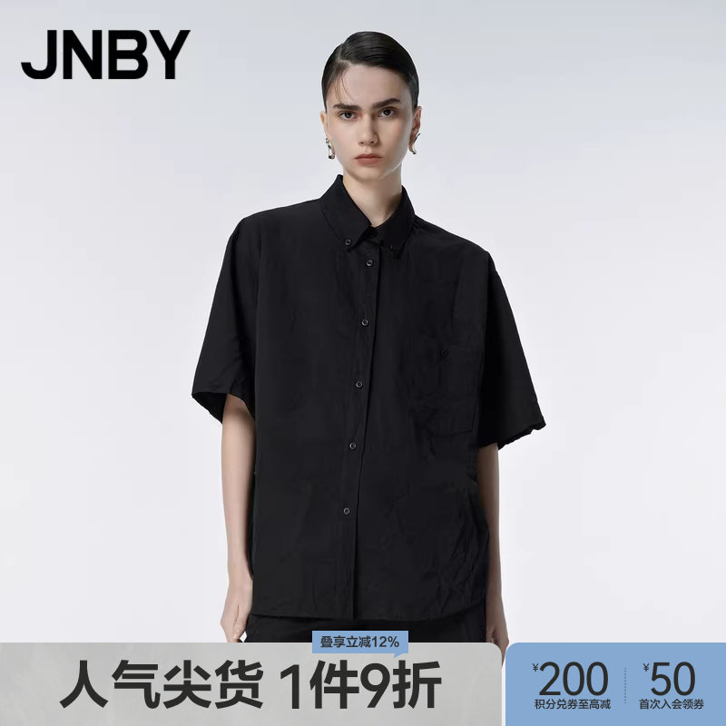 【100%绵羊毛】JNBY/江南布衣春秋短袖衬衫衬衣通勤简约黑色
