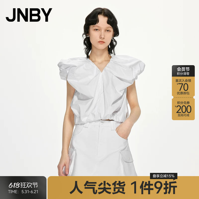 JNBY/江南布衣折扣春夏无袖衬衫女100%棉V领套头短款短装露腰