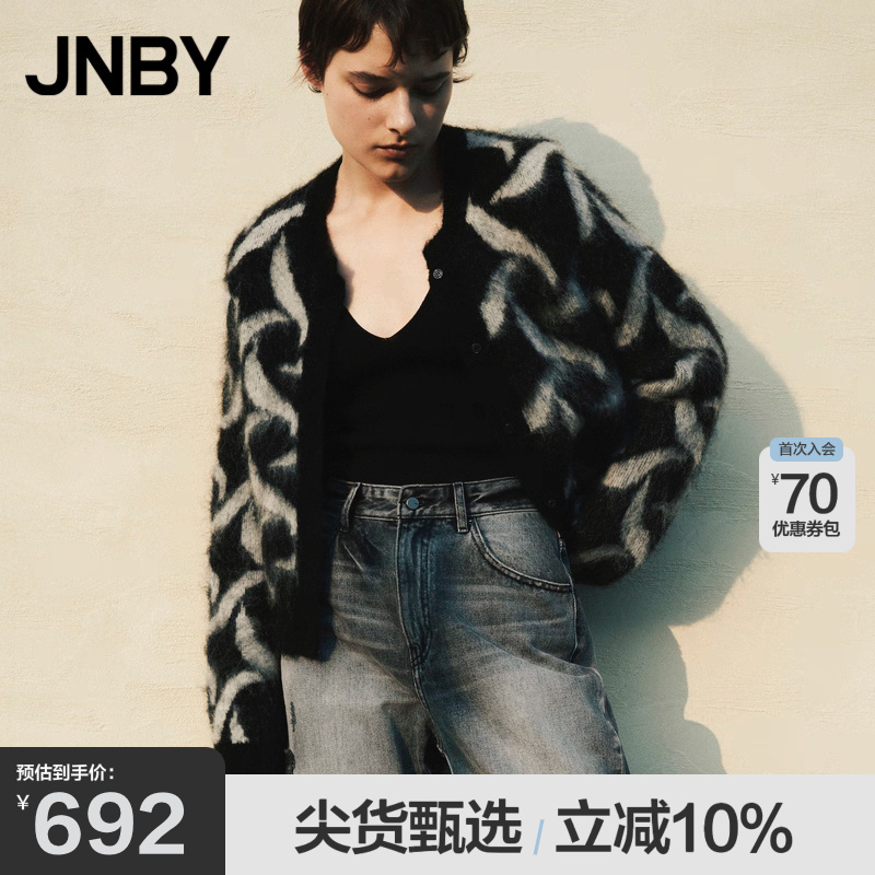 【提花毛衣】JNBY/江南布衣绵羊毛混纺针织衫女短款圆领开衫长袖