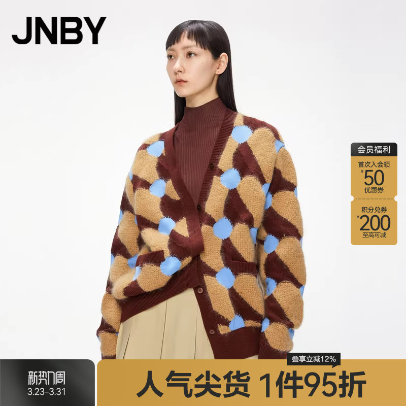 JNBY/江南布衣折扣春夏毛针织衫开衫V领宽松毛衣提花减龄外套女