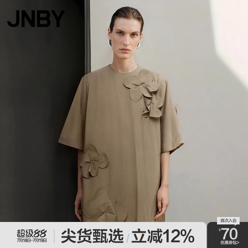 纯色府绸立体花卉短袖连衣裙