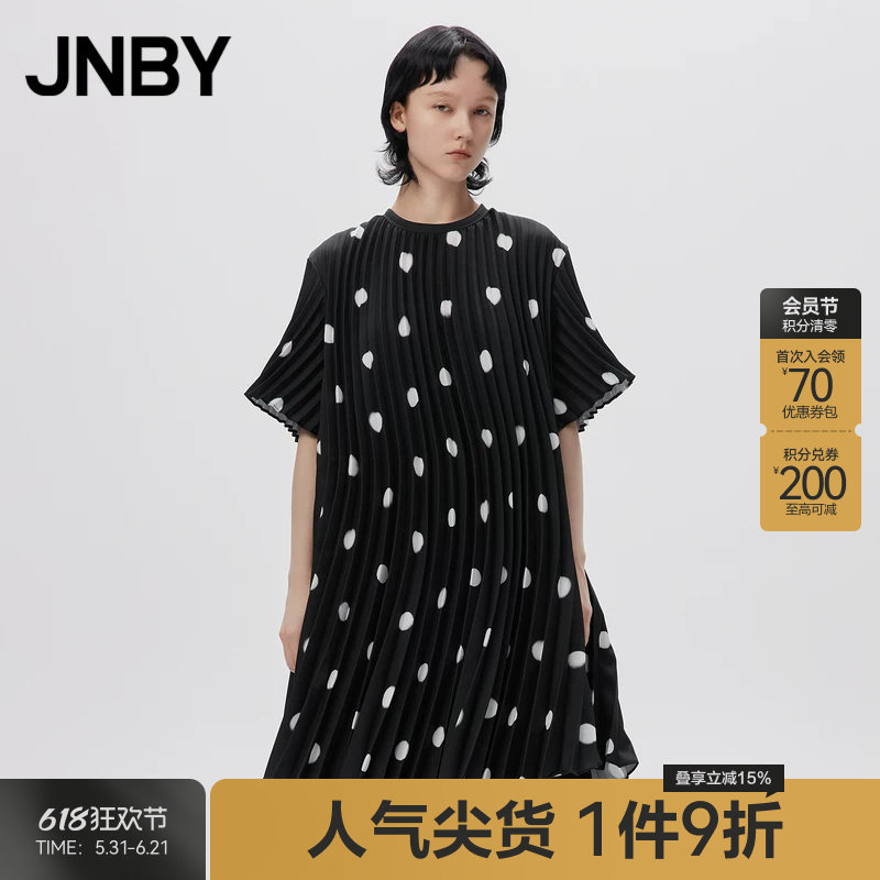 JNBY/江南布衣春秋季连衣裙女A字印花裙波点百褶裙优雅宽松短袖裙