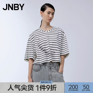 T恤女短袖 宽松圆领上衣简约 江南布衣折扣春夏条纹短款 JNBY