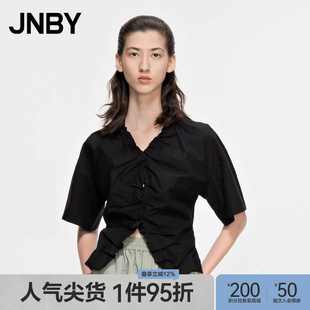 短袖 JNBY 江南布衣折扣春夏衬衫 修身 通勤女 V领收腰微开叉短款