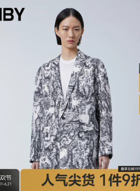 【ESG环保】JNBY/江南布衣春季女装西服外套宽松通勤印花亚麻西装