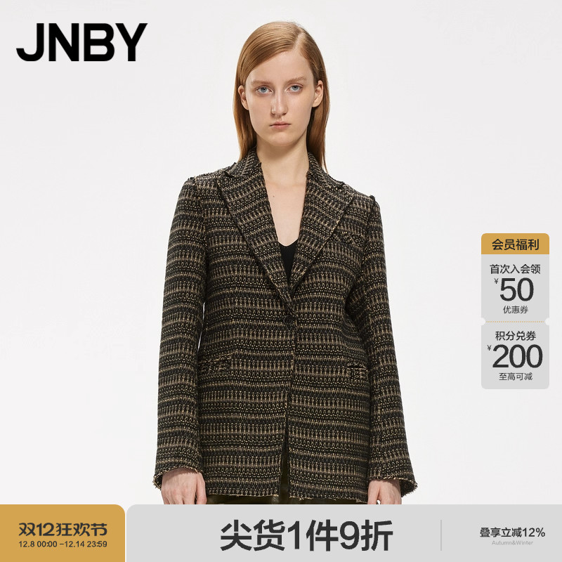 JNBY/江南布衣秋冬翻领西装绵羊毛宽松休闲毛呢格纹通勤外套女