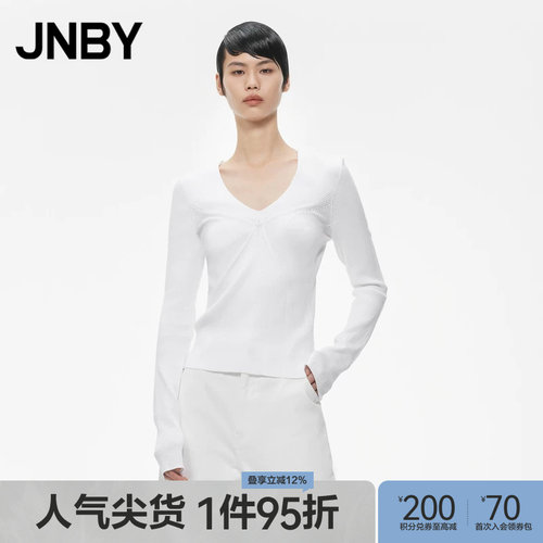 JNBY/江南布衣折扣春夏针织衫女套头修身V领短款简约长袖通勤