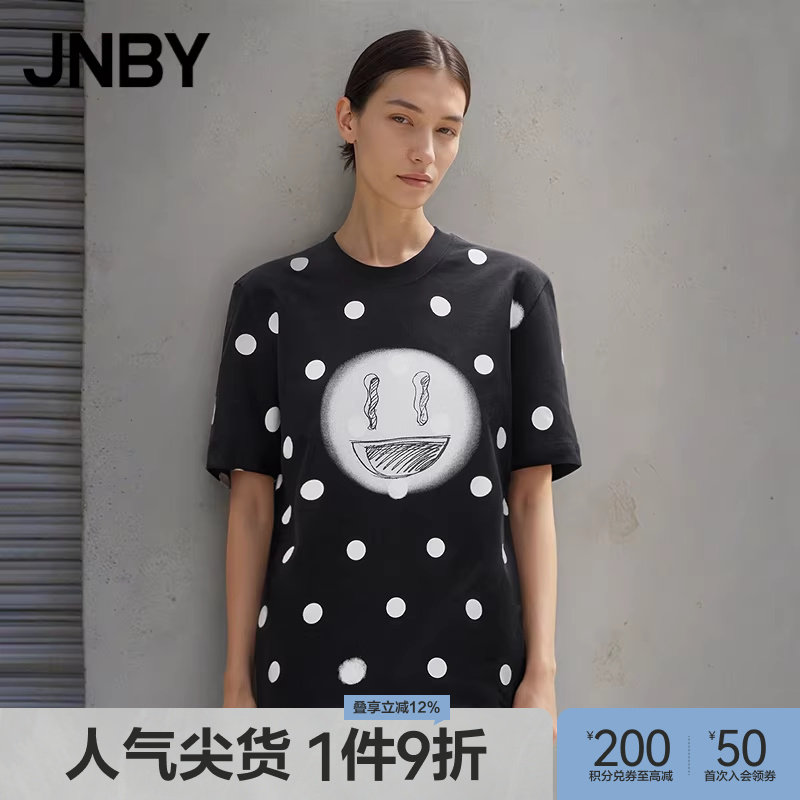 JNBY/江南布衣春秋季印花T恤女波点短袖上衣笑脸图案印花套头衫