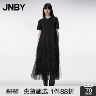 JNBY 长裙 江南布衣春秋款 裙子女网纱拼接连衣裙简约宽松圆领短袖